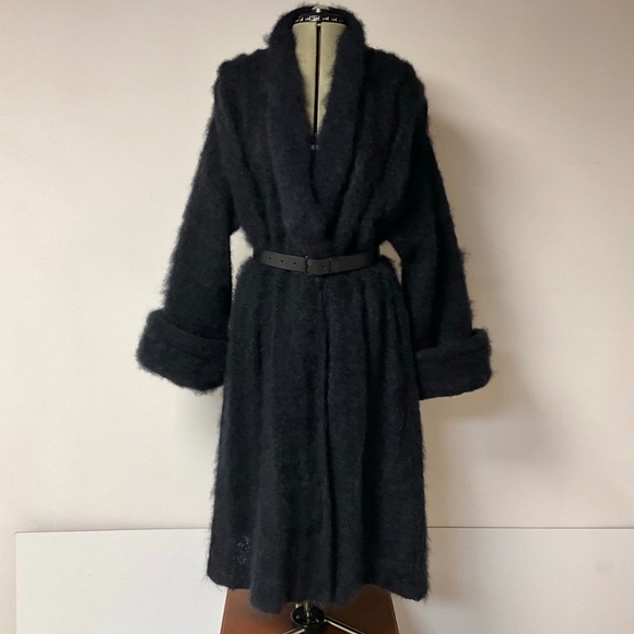 Vintage 100% Wool Fuzzy Longline Coat – Black Shawl Collar Wrap Coat - Picture 5 of 5